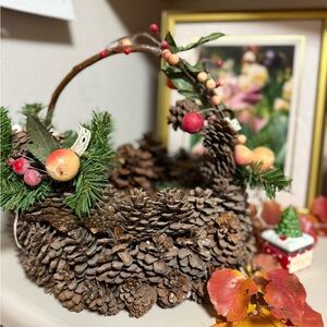 Rustic Pinecone Basket with Green and Red Details